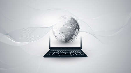 Digital Network Communication, Technology Background - Cloud Computing Design Concept with World Mapのイラスト素材