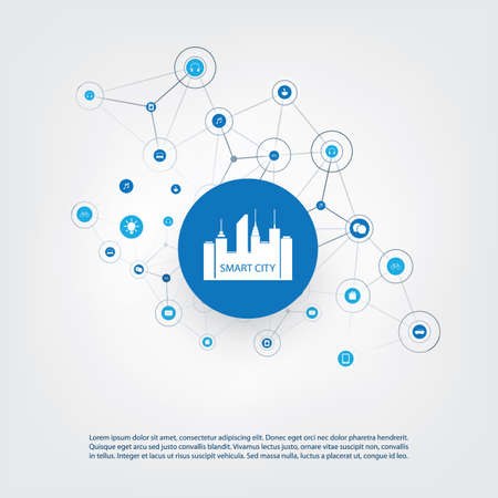 Smart City, Cloud Computing Design Concept with Icons - Digital Network Connections, Technology Backgroundのイラスト素材
