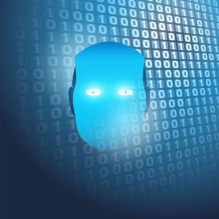 Modern Style Futuristic Machine and Deep Learning, Artificial Intelligence Design Concept with 3D Binary Code Bits Patterned Background and Robot Headのイラスト素材