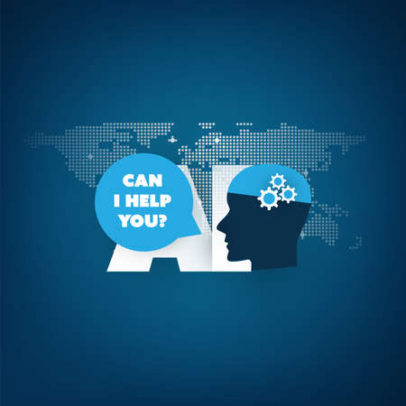 CAN I HELP YOU - Global AI assistance, automated support, digital aid, deep learning and future technology concept design with world map and human headのイラスト素材