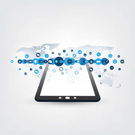 Internet of Things Design Concept with Tablet PC and Icons - Digital Network Connections, Technology Backgroundのイラスト素材