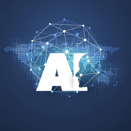 Machine Learning, Artificial Intelligence, Cloud Computing and Networks Design Concept with Geometric Network Mesh and AI Labelのイラスト素材