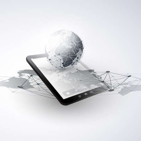Digital Network Connections, Mobile Technology Background - Cloud Computing Design Concept with Network Mesh, Earth Globe and Tablet PC, Mobile Deviceのイラスト素材