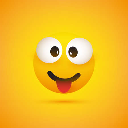Smiling Emoji with Stuck Out Tongue - Simple Shiny Happy Emoticon on Yellow Backgroundのイラスト素材