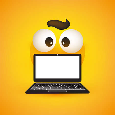 Emoji, Emoticon with Pop Out Eyes, Hair and a Laptop Computer on Yellow Background - Vector Designのイラスト素材