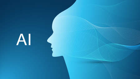 Futuristic Machine Learning, Artificial Intelligence, Cloud Computing, Automated Support Assistance and Network Communication Design Concept with Wavy Pattern and Human Headのイラスト素材
