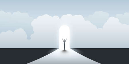 New Possibilities, Hope, Dreams - Business, Solutions Finding Concept - Businessman Standing in Front of a Door, Light at the End of the Roadのイラスト素材