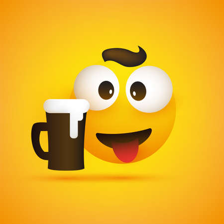 Smiling Emoji, Simple Smiling Happy Emoticon with Squint Pop Out Eyes, Tongue and a Glass of Beer on Yellow Background - Vector Designのイラスト素材