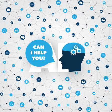 Can I Help You? - Global AI Assistance, Automated Support, Digital Aid, Deep Learning and Future Smart Technology Concept Design with Human Headのイラスト素材