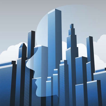 Smart City, Automated Digital Control, Deep Learning, Artificial Intelligence and Future Technology Concept Design with City Skyline and Human Head - Vector Illustrationのイラスト素材