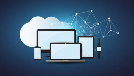 Cloud Computing Design Concept - Digital Connections, Technology Background with Tablet PC and Network Meshのイラスト素材