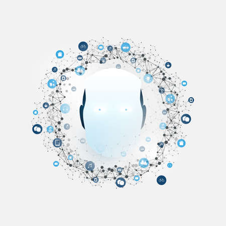 Abstract Machine and Deep Learning, Artificial Intelligence, Cloud Computing and Networks Design Concept with Icons and Robot Headのイラスト素材