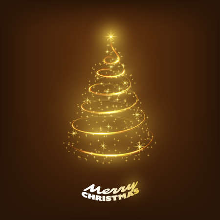 Merry Christmas, Happy Holidays Card - Gold Brown Christmas Tree Shape Made from Bright Spiralling Lightのイラスト素材