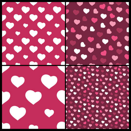 Set of Four Abstract Seamless White, Purple and Pink Heart Patterns - Valentine's Day Card or...