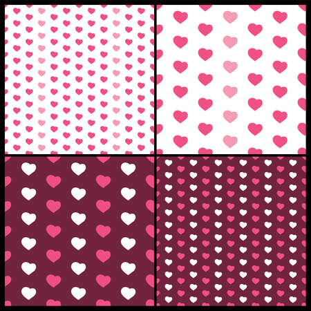 Set of Four Abstract Seamless White, Purple and Pink Heart Patterns - Valentine's Day Card or...