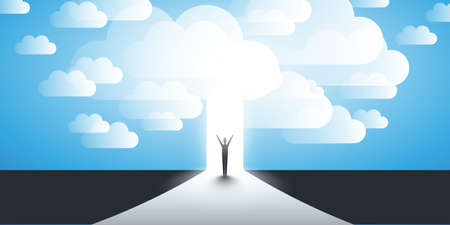 New Possibilities, Hope, Dreams - Business, Solutions Finding Concept - Man Standing in Front of a Door, Under the Cloudy Sky, Light at the End of the Roadのイラスト素材