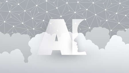 Modern Style Cloud Computing, Global AI Assistance, Automated Support, Digital Aid, Deep Learning and Future Technology Concept Design with Network Mesh, Sky, Clouds & Human Headのイラスト素材