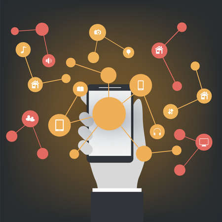 Colorful Shared Services, Team Work, Internet of Things, Cloud Computing Design Concept with Icons - Digital Network Connections, Technology Backgroundのイラスト素材