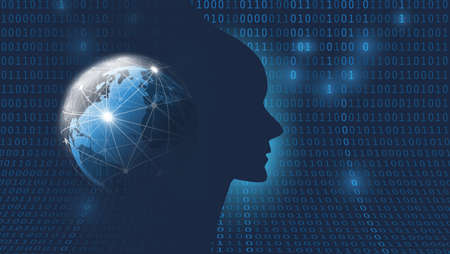Dark Blue Futuristic Machine Learning, Artificial Intelligence, Cloud Computing, Automated Support Assistance and Networks Design Concept with Earth Globe, Network Mesh and Human Face Silhouetteのイラスト素材