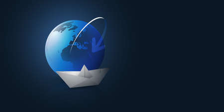 Traveling Around the World by Ship - Earth Globe Design with Paper Boatのイラスト素材