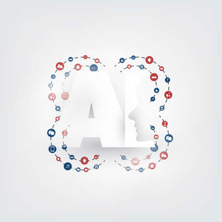 Artificial Intelligence, Internet of Things and Smart Technology Concept Design with AI Label, Network Mesh and Icons - Vector Illustrationのイラスト素材