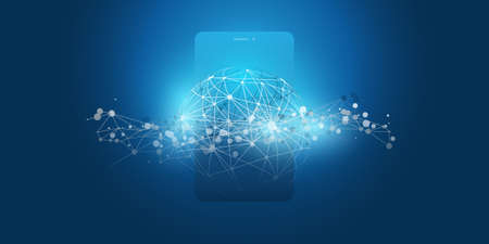 Dark Blue 3D Global Networks Design with Network Mesh and Smartphone Silhouetteのイラスト素材