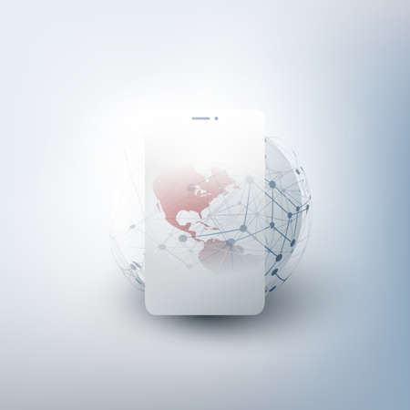 Global Networks Design with Network Mesh, Earth Globe and Smartphone Silhouette - Vector Template...