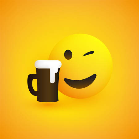 Smiling Emoji - Simple Happy Emoticon with Winking Eye and a Glass of Beer on Yellow Background - Vector Designのイラスト素材