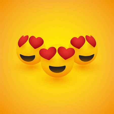 Various Smiling Happy Emoticons with Heart Shaped Eyes in Front of a Yellow Background, Vector Design, Concept Illustrationのイラスト素材