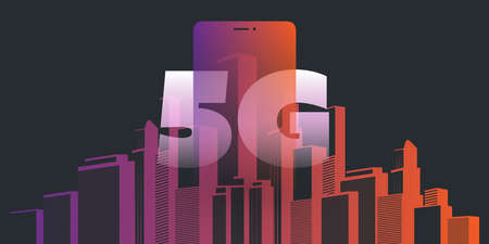 5G Networks - High Speed, Broadband Mobile Telecommunication and Wireless Internet Design Concept with Skyscrapers and Mobile Deviceのイラスト素材