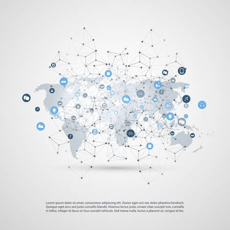 Internet of Things, Cloud Computing Design Concept with World Map, Wireframe and Icons - Global Digital Network Connections, Smart Technology Conceptのイラスト素材