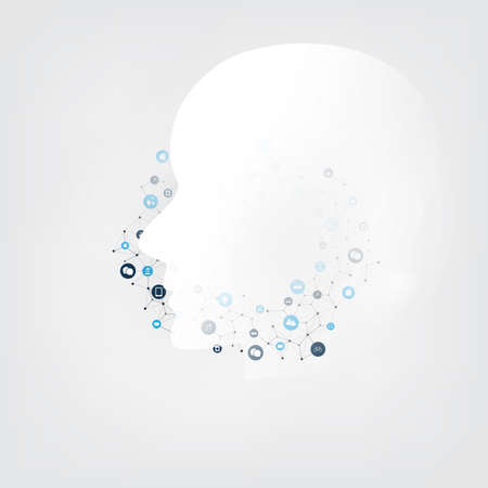 Modern Style Futuristic Machine Learning, Artificial Intelligence, Cloud Computing and IoT Networks Design Concept with Connected Icons, Network Meshのイラスト素材