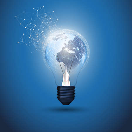 Abstract Cloud Computing, Electric and Global Network Connections Concept Design with Earth Globe Inside a Glowing Light Bulb and Transparent Geometric Meshのイラスト素材