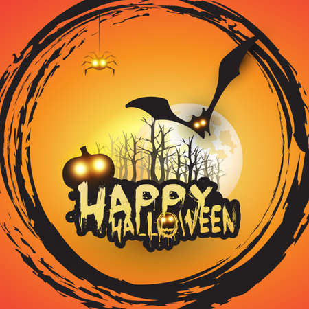Happy Halloween Card Template Design - Flying Bats Over the Autumn Woods and Various Spooky Creatures with Glowing Eyes - Vector Illustrationのイラスト素材