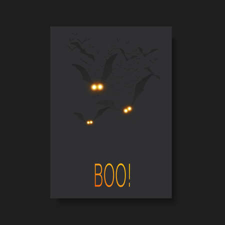Happy Halloween Card or Flyer Template - Flying Bats with Glowing Eyes in The Dark - Vector Illustrationのイラスト素材