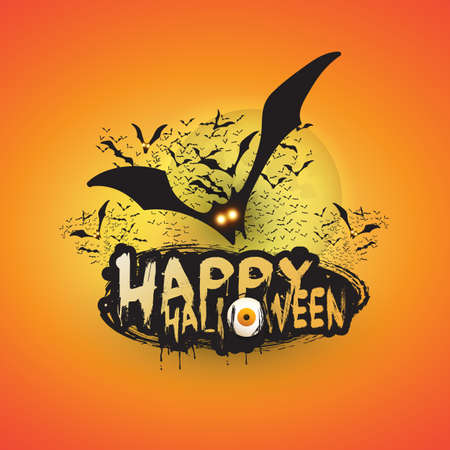 Happy Halloween Card Template - Flying Bats with Glowing Eyes Under the Full Moon on Yellow and Orange Backgroundのイラスト素材
