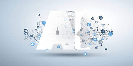 Machine Learning, Artificial Intelligence, Cloud Computing and Networks Design Concept with Geometric Network Mesh, Icons and AI Labelのイラスト素材