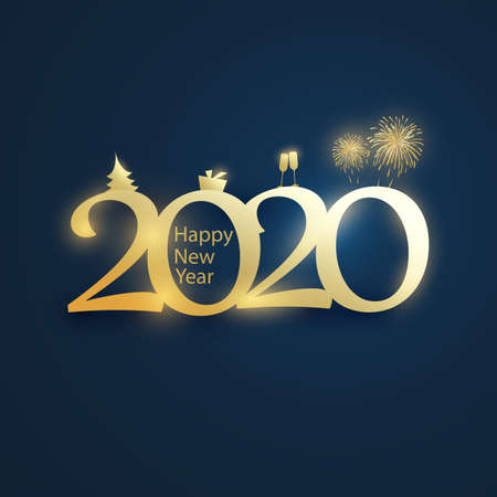 Simple Golden and Dark Blue New Year Card, Cover or Background Design Template With Christmas Tree,...