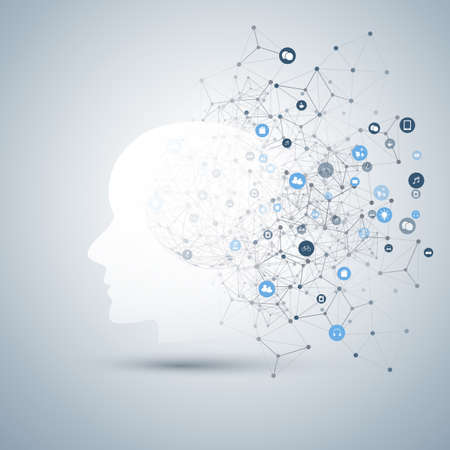 Machine Learning, Artificial Intelligence, Cloud Computing and Networks Design Concept with Human or Robot Face Silhouette, Icons and Polygonal Network Meshのイラスト素材