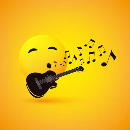 Singing or Whistling Emoticon, Face With Smiling Eyes and  Guitar on Yellow Background - Vector Designのイラスト素材