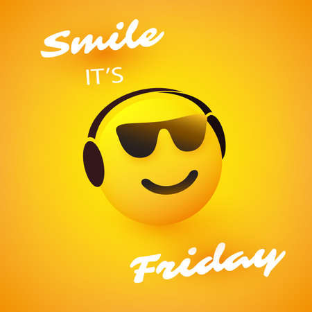 Smile! It's Friday - Weekend's Coming Banner With Smiling, Relaxing Emoji Wearing Sunglasses and Headphonesのイラスト素材