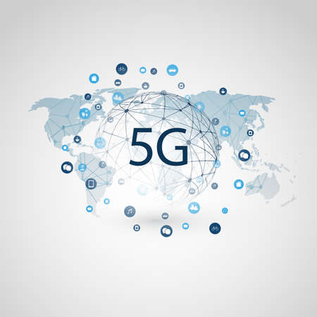 5G Network Label with Wireframe Sphere, Icons and World Map - High Speed, Broadband Mobile Telecommunication and Wireless Internet Design Conceptのイラスト素材