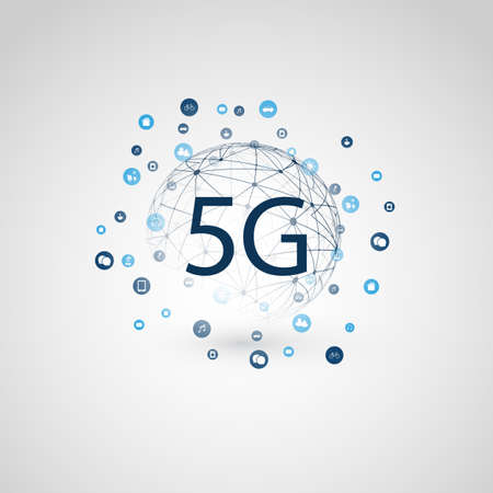 5G Network Label with Wireframe Sphere, Mesh and Icons -Abstract  Futuristic High Speed, Broadband...