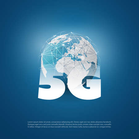 5G Network Label with Earth Globe - High Speed Global Broadband Mobile Telecommunication and Wireless Internet Design Conceptのイラスト素材