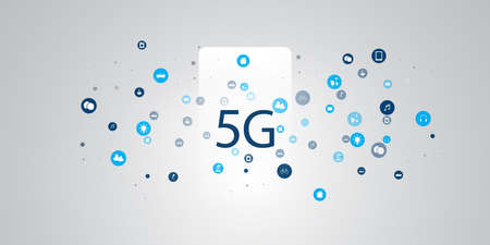 5G Network Label with Icons Representing Various Kind of Devices and Services - High Speed,...