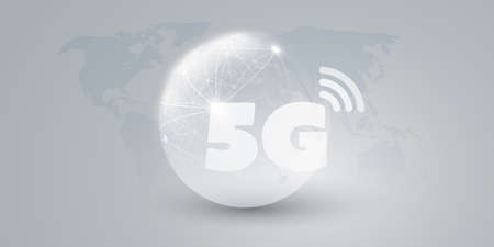 5G Network Label with Globe - High Speed, Broadband Mobile Telecommunication and Wireless Systems...