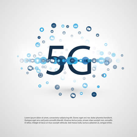 5G Network Label with Ring of Icons Representing Various Kind of Devices and Services - High Speed, Broadband Mobile Telecommunication and Wireless IoT Systems Design Conceptのイラスト素材