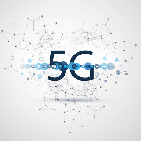 5G Network Label with Wireframe and Icons - High Speed, Broadband Mobile Telecommunication and...