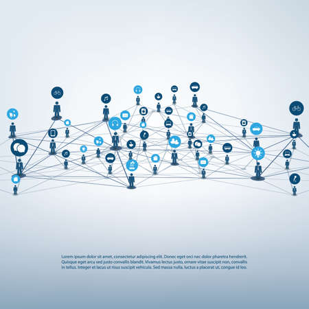 Internet of Things, Cloud Computing Design Concept with Wireframe and Icons - Global Digital Network Connections, Social Media, Smart Technology Vector Conceptのイラスト素材