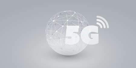 5G Network Label with Wireframe Globe - High Speed, Broadband Mobile Telecommunication and Wireless...